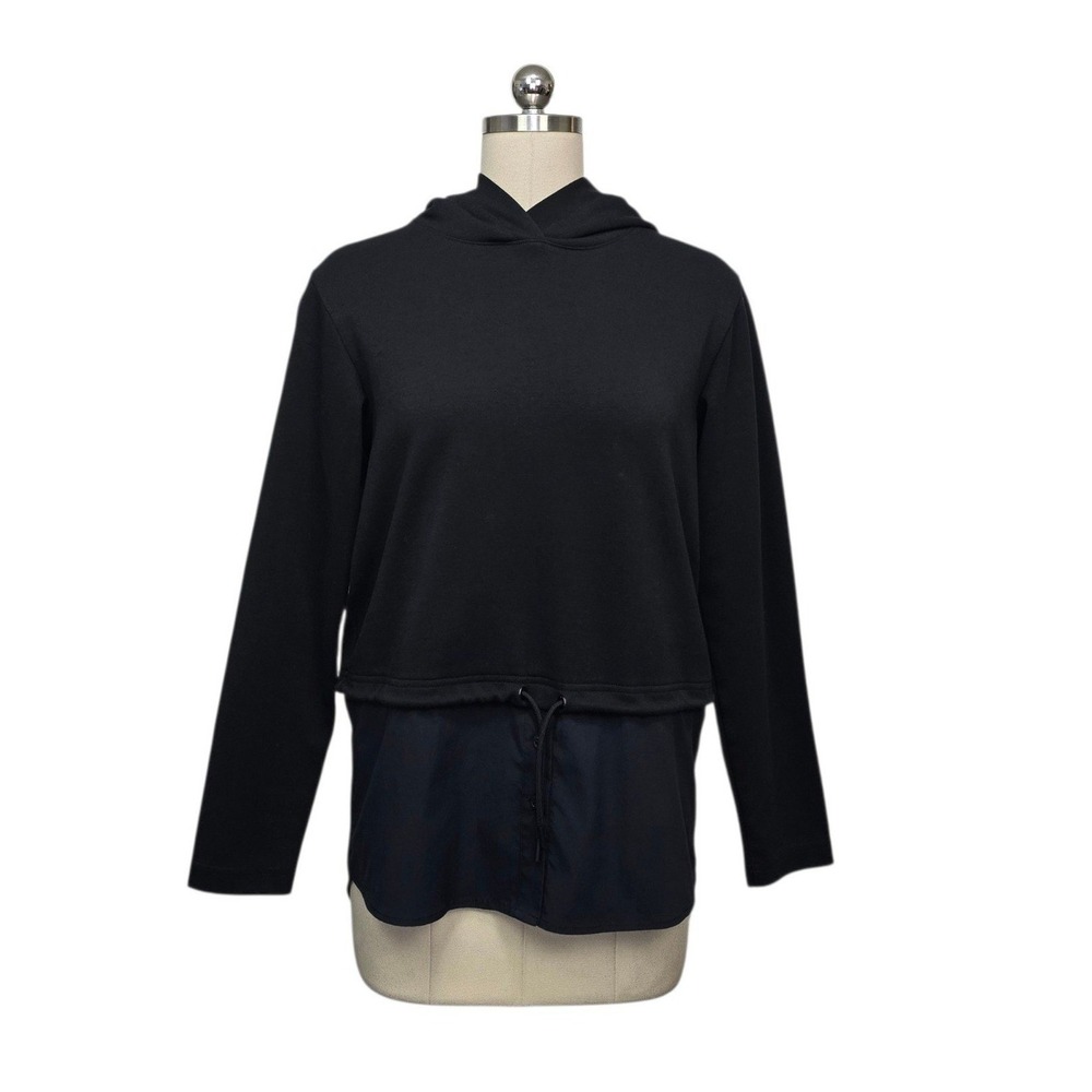 Athleta Gallery Hoodie Top Black Mixed Media Drawstring Pullover Womens Size XS